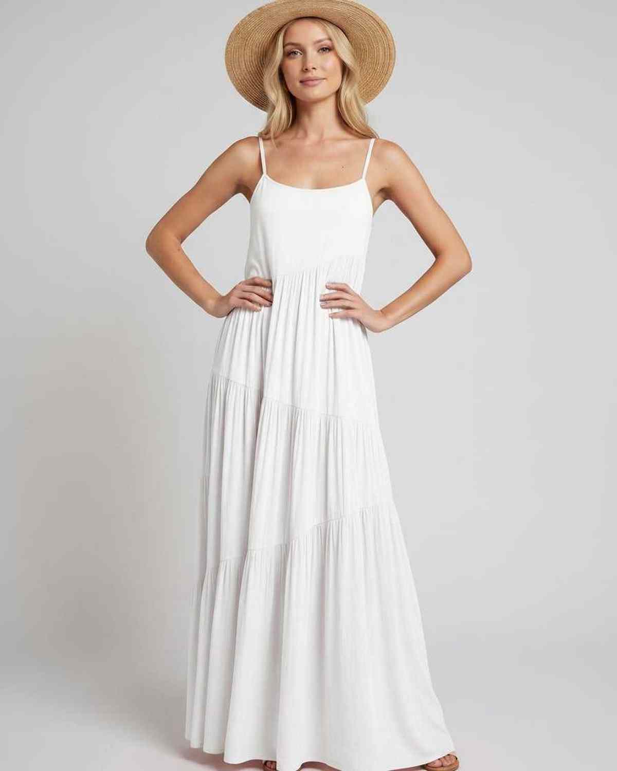 Solenne Maxi Dress by Lauven — rayon blend sleeveless scoop neck tiered A-line maxi dress
