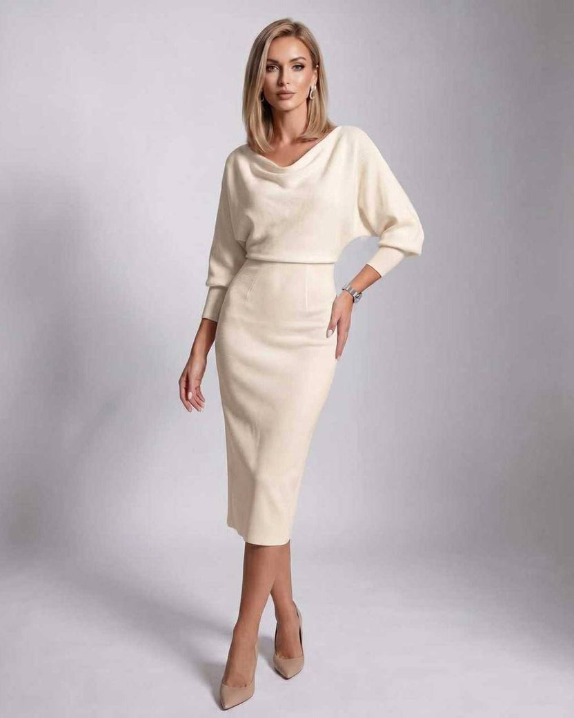 Serene Midi Dress by Lauven — beige knit batwing sleeve cowl neck fitted midi dress