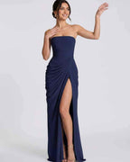 Seraphine Maxi Dress by Lauven — chiffon strapless pleated high slit maxi dress