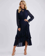 Celestia Maxi Dress by Lauven — chiffon long sleeve high neck A-line maxi dress