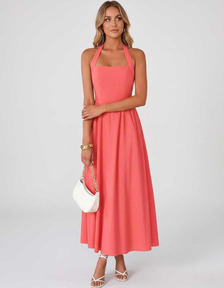 Veloura Midi Dress by Lauven — satin blend sleeveless square neck A-line midi dress