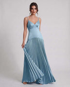 Veloura Maxi Dress by Lauven — satin spaghetti strap V-neck A-line maxi dress