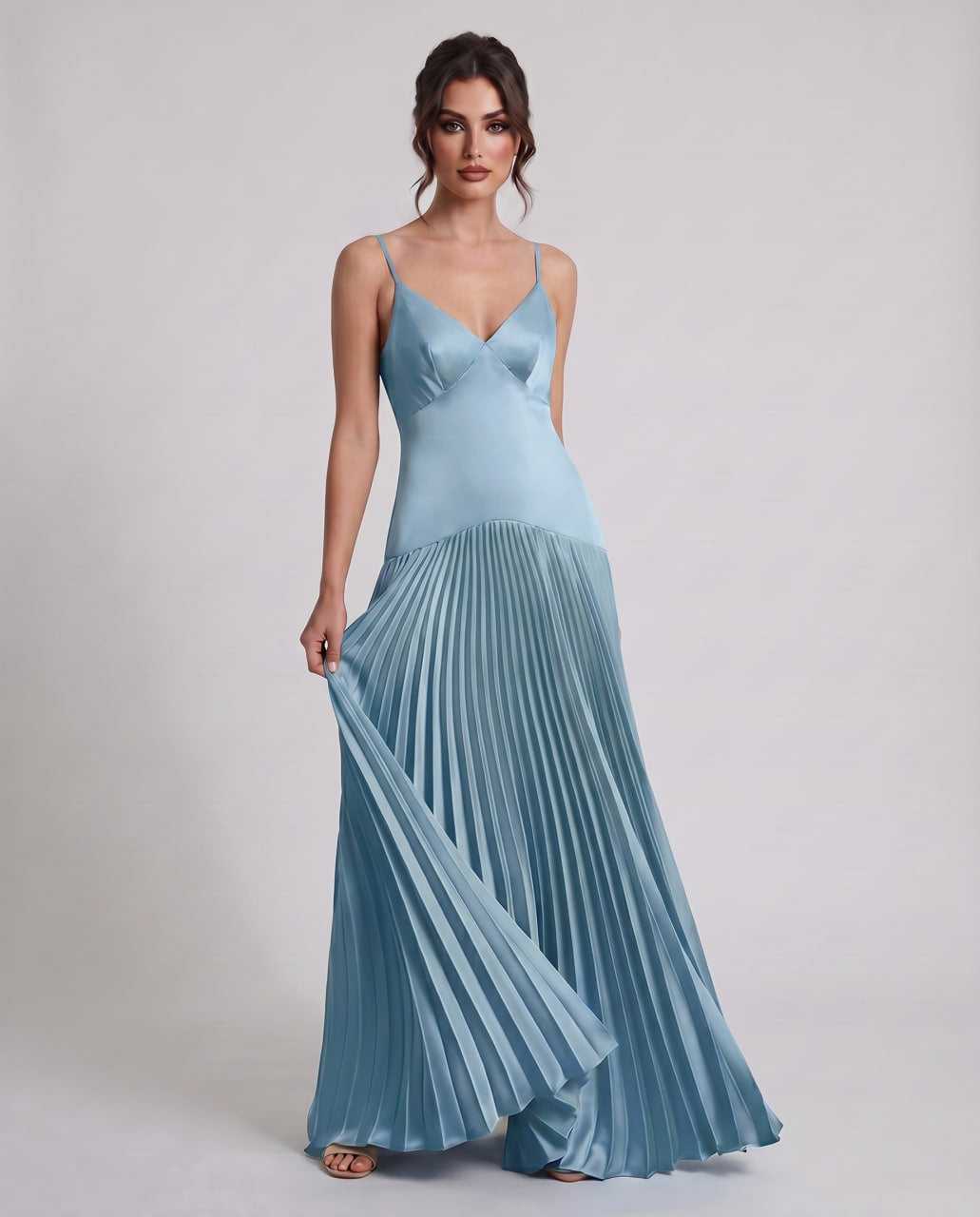 Veloura Maxi Dress by Lauven — satin spaghetti strap V-neck A-line maxi dress