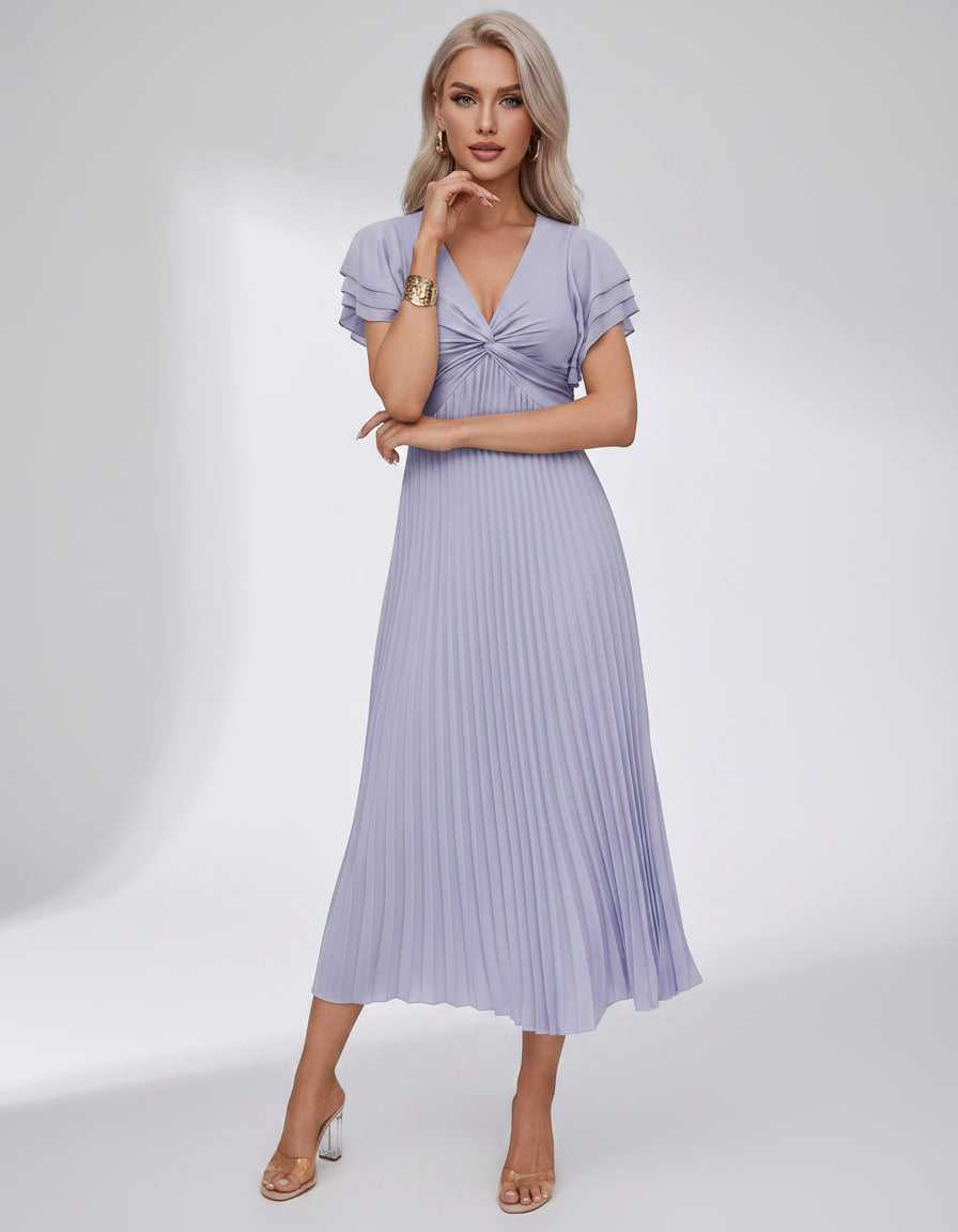 Veloura Midi Dress by Lauven — pleated chiffon flutter sleeve V-neck A-line midi dress