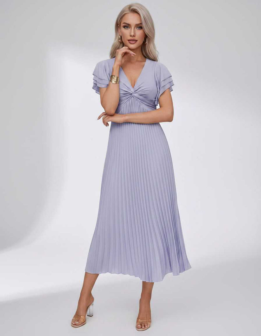 Veloura Midi Dress by Lauven — pleated chiffon flutter sleeve V-neck A-line midi dress