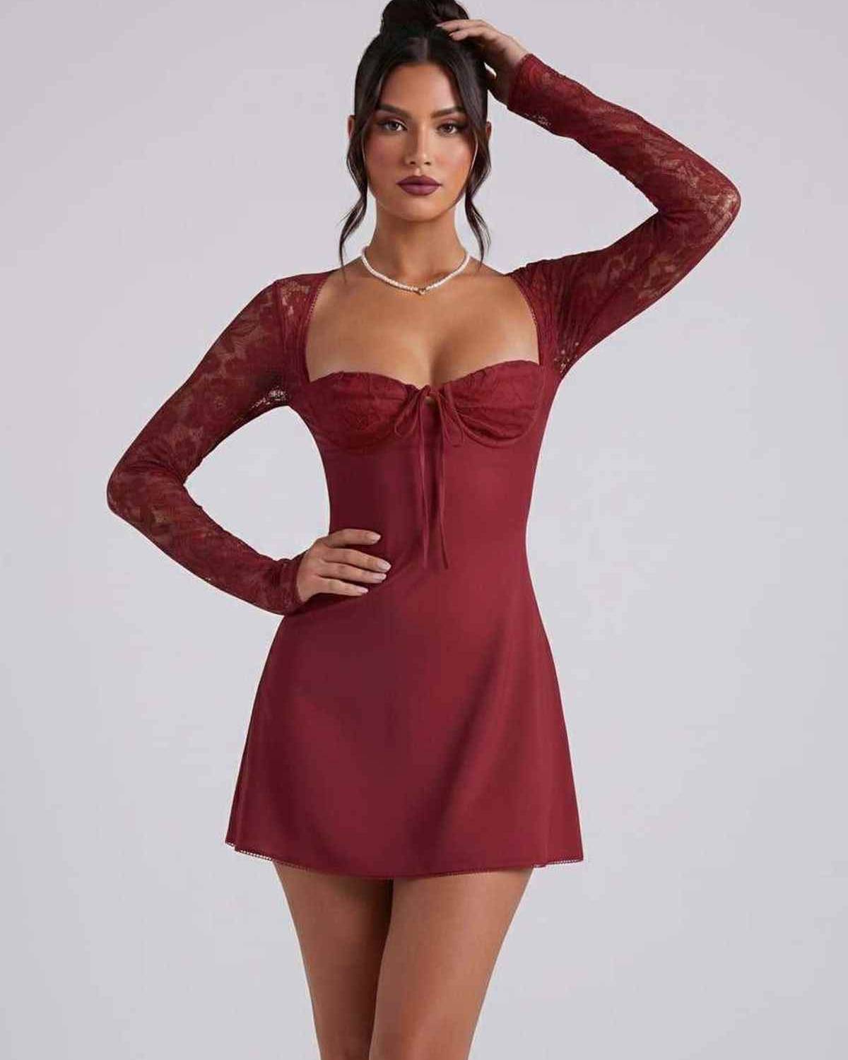Noiré Mini Dress by Lauven — stretch long sleeve square neck fitted mini dress with lace sleeves