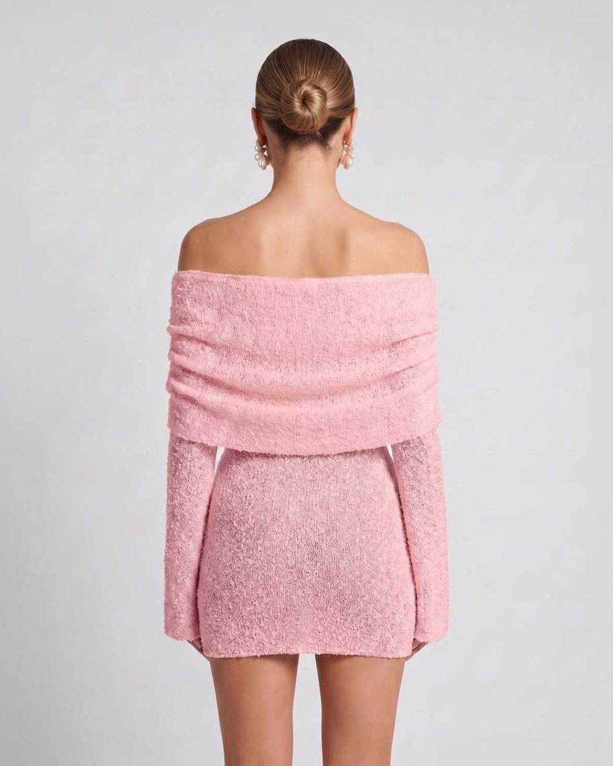 Elara Mini Dress by Lauven — textured knit long bell sleeve off-shoulder fitted mini dress