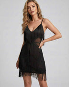 Lunara Mini Dress by Lauven — fringe sleeveless V-neck fitted mini dress with straps