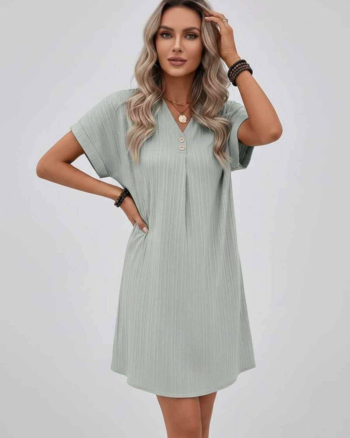 Lunelle Mini Dress by Lauven — textured short sleeve V-neck relaxed mini dress