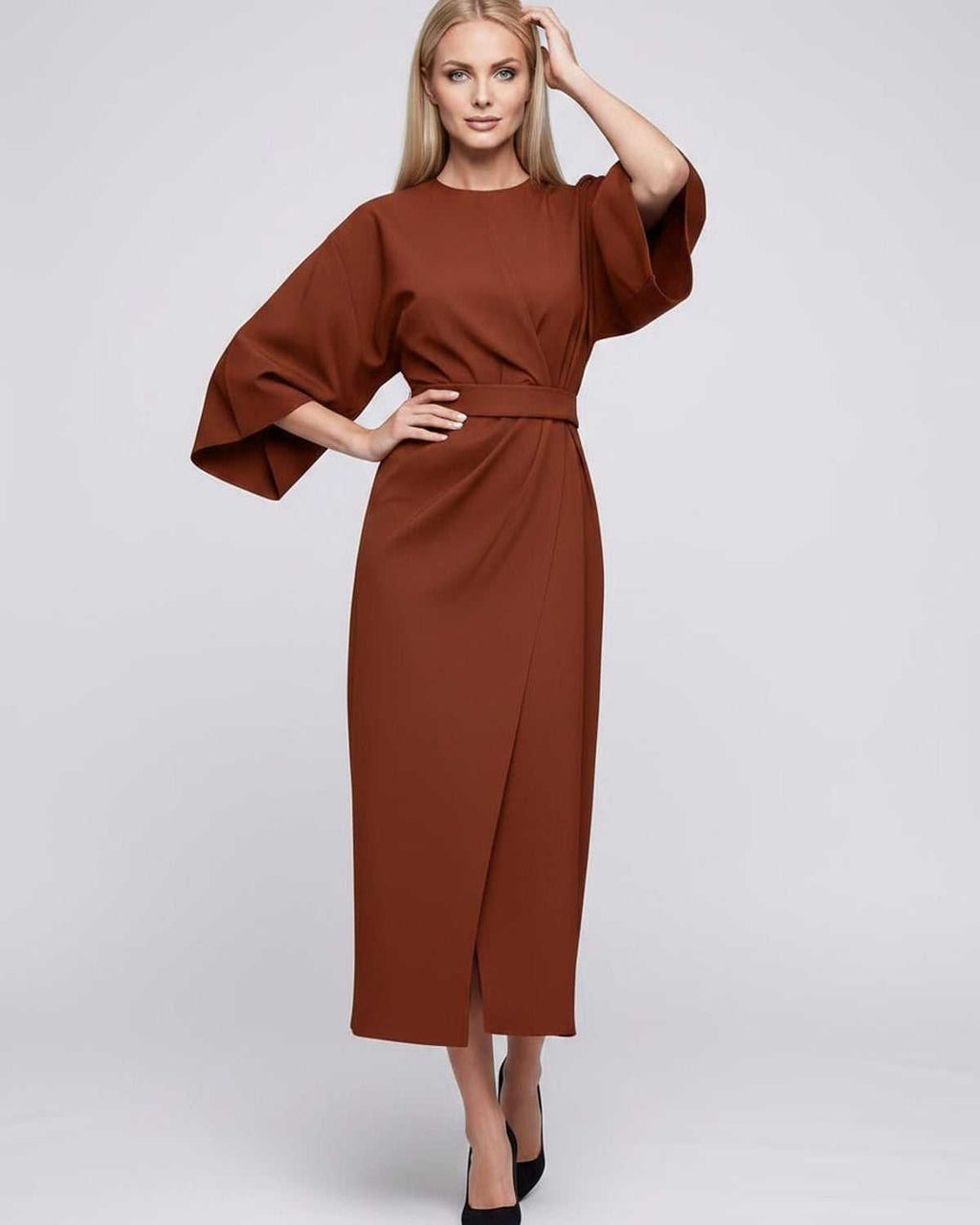 Celest Midi Dress by Lauven — breathable fabric lantern sleeve crew neck belted wrap midi dress
