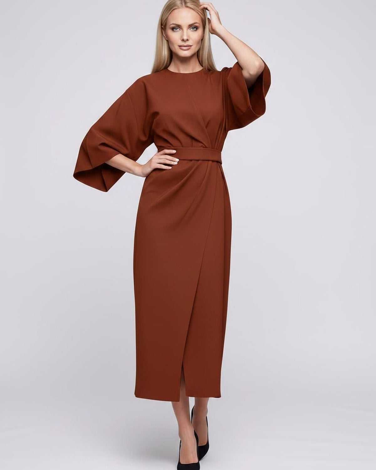 Celest Midi Dress by Lauven — breathable fabric lantern sleeve crew neck belted wrap midi dress