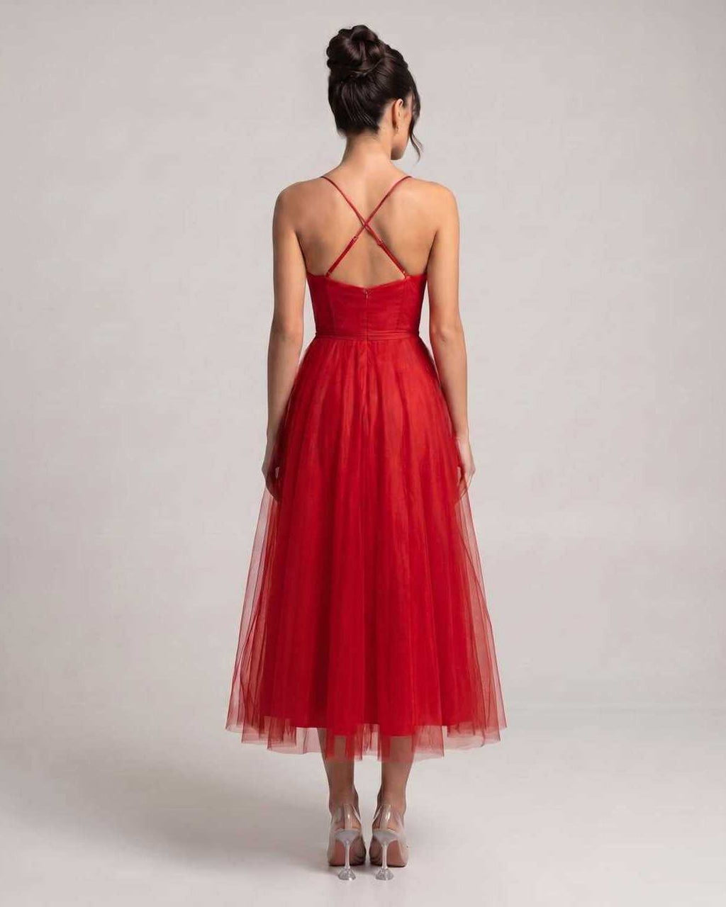 Elara Midi Dress by Lauven — tulle sleeveless sweetheart neck structured bodice midi dress