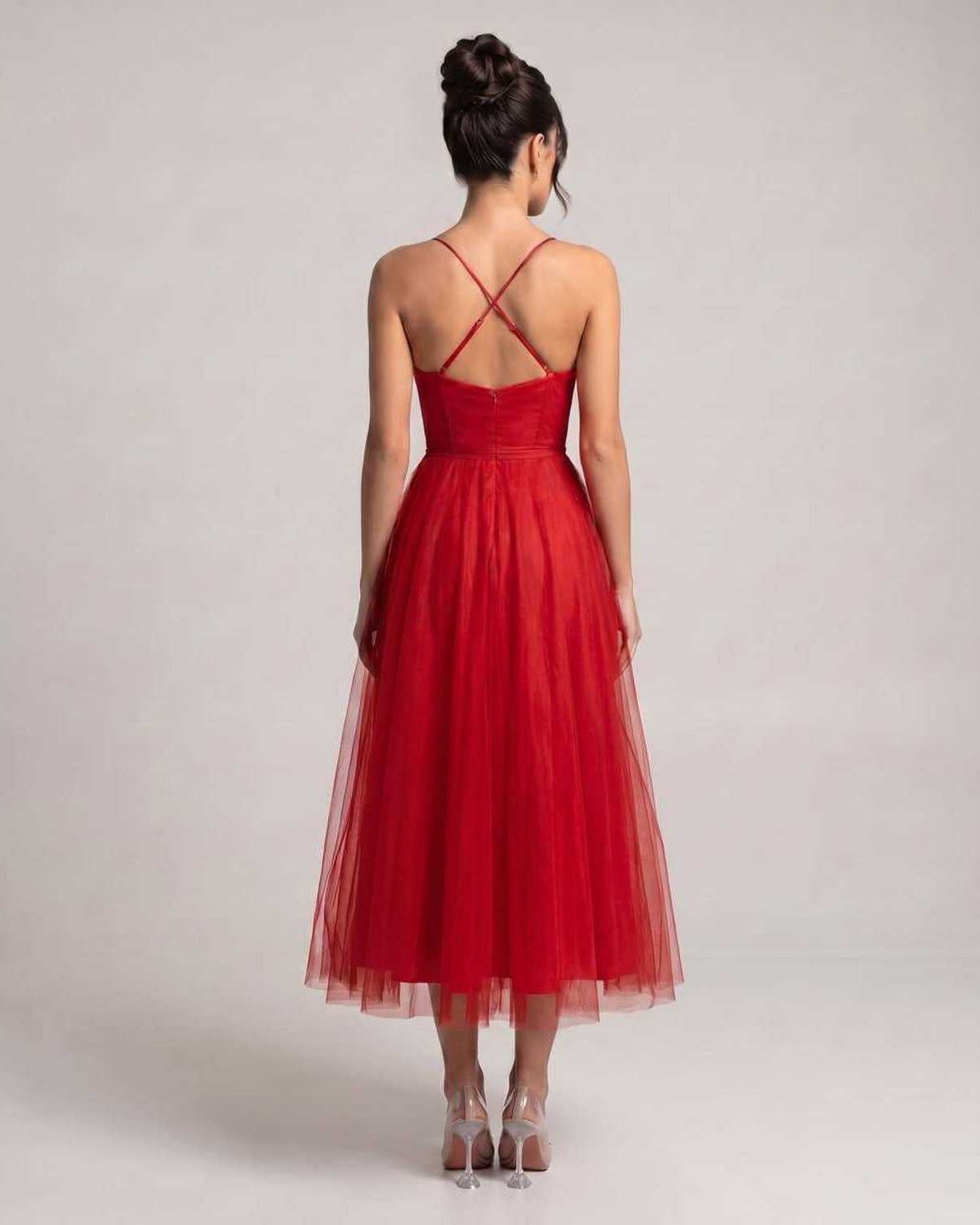 Elara Midi Dress by Lauven — tulle sleeveless sweetheart neck structured bodice midi dress