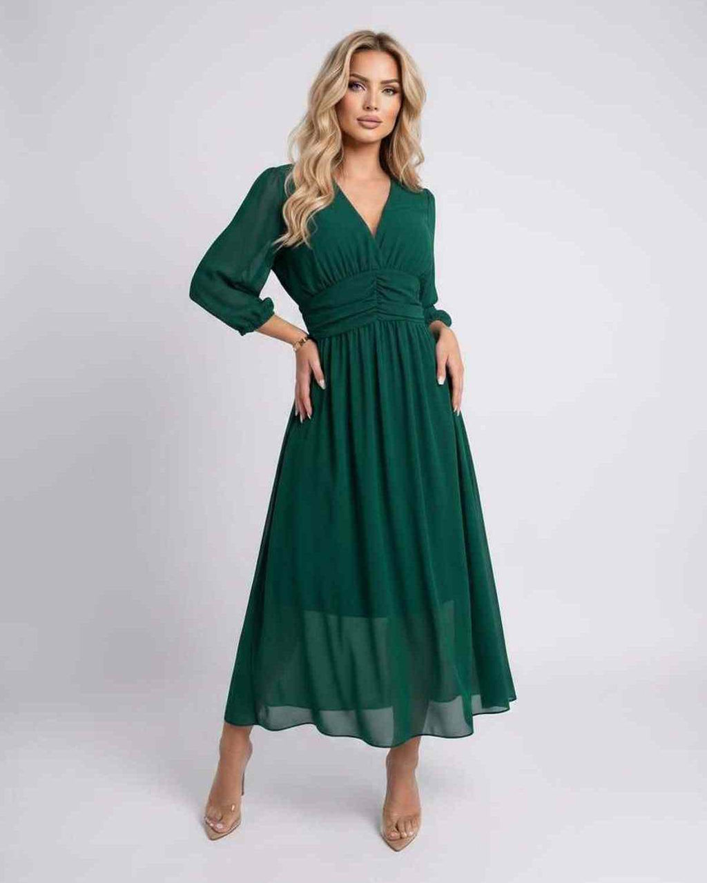 Veloura Midi Dress by Lauven — lightweight chiffon three quarter sleeve v neck A-line midi dress