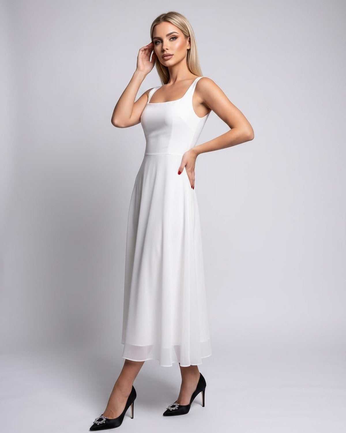 Lunara Midi Dress by Lauven — lightweight chiffon sleeveless square neck A-line midi dress