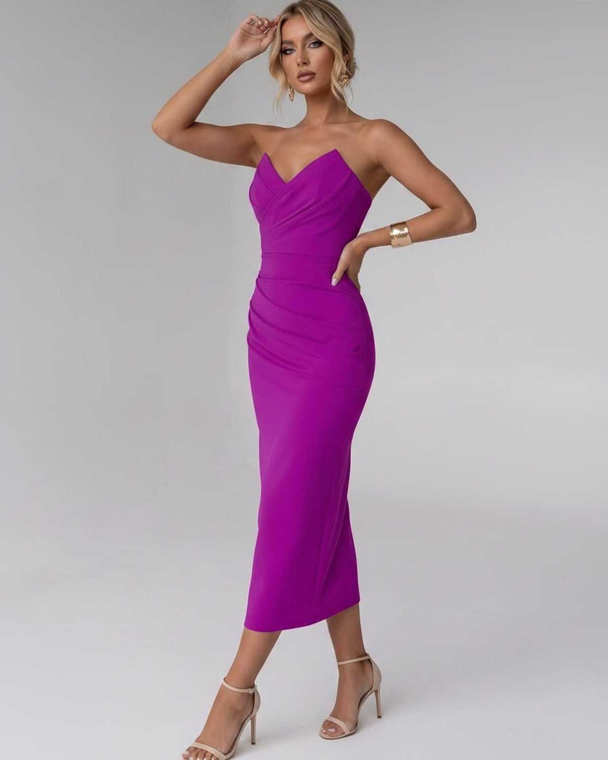 Serelle Midi Dress by Lauven — smooth stretch strapless sweetheart neck fitted midi dress