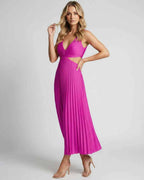 Lunara Midi Dress by Lauven — satin sleeveless V-neck flowing pleated midi dress