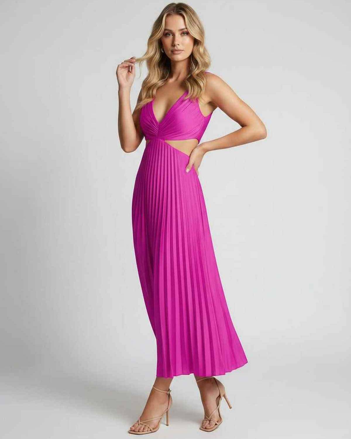 Lunara Midi Dress by Lauven — satin sleeveless V-neck flowing pleated midi dress