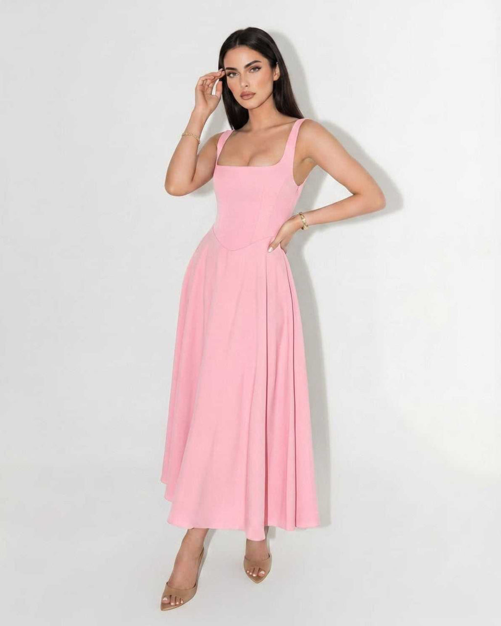 Elara Midi Dress by Lauven — structured sleeveless square neck fit and flare midi dress
