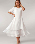 Aurelia Midi Dress by Lauven — lightweight short sleeve round neck layered midi dress