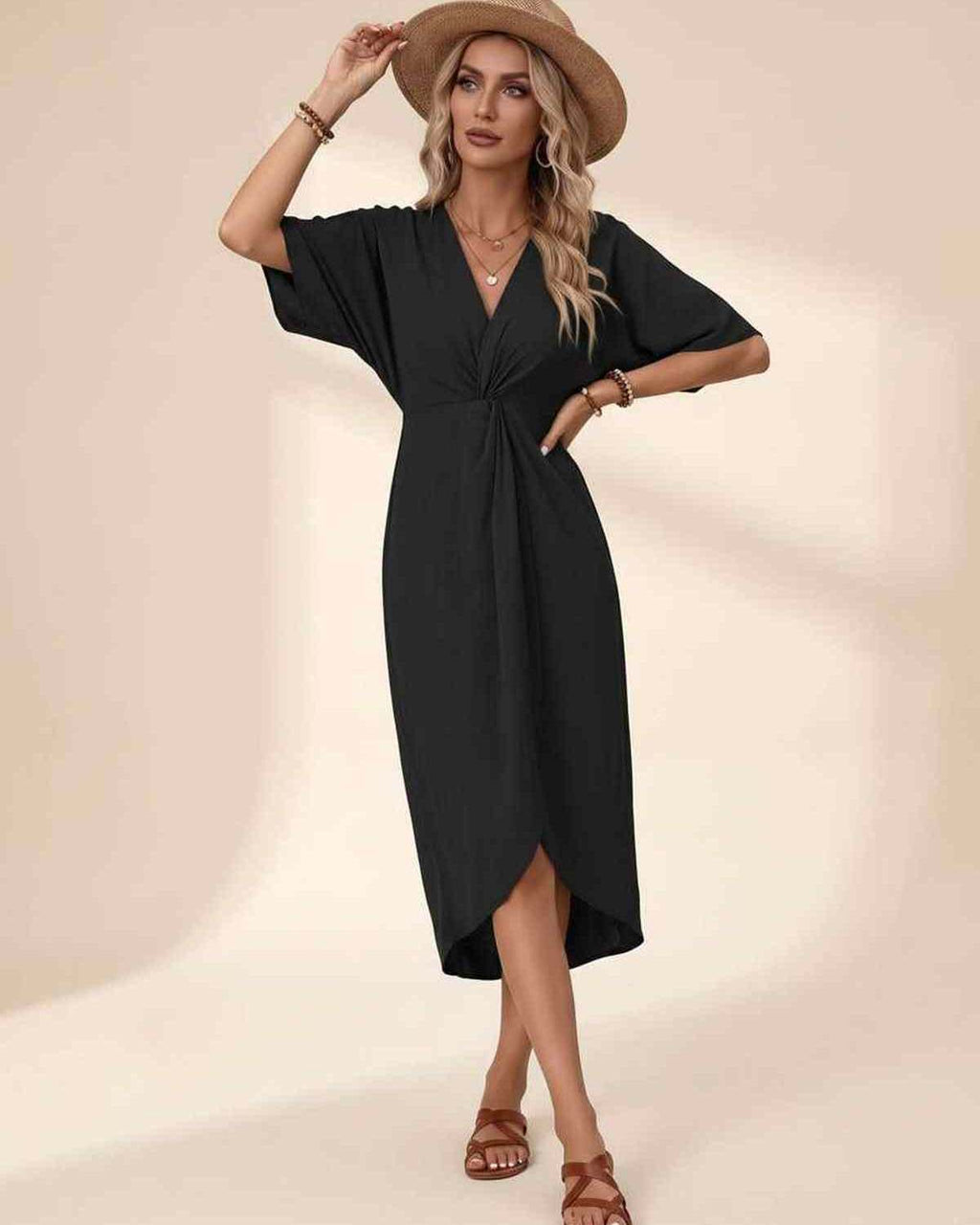 Elara Midi Dress by Lauven — premium short sleeve V-neck wrap style midi dress
