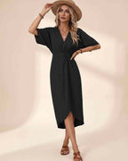 Elara Midi Dress by Lauven — premium short sleeve V-neck wrap style midi dress