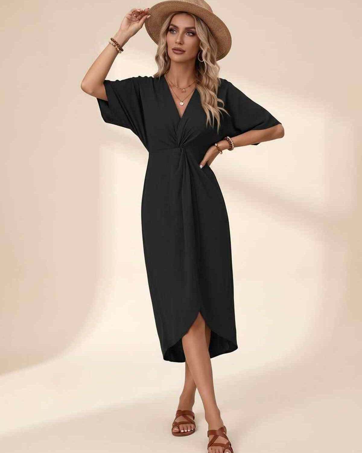 Elara Midi Dress by Lauven — premium short sleeve V-neck wrap style midi dress