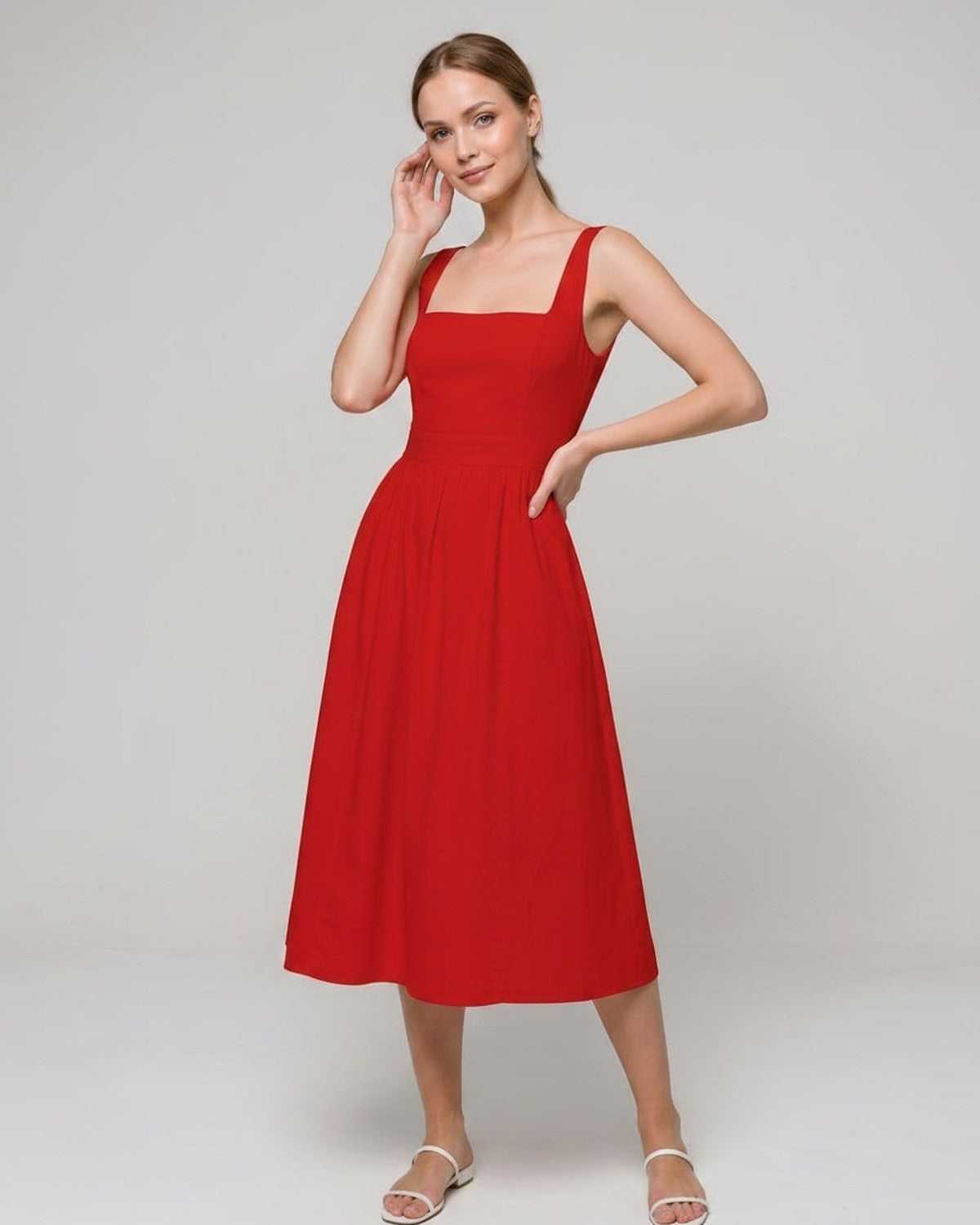 Aveline Midi Dress by Lauven — lightweight sleeveless square neck fit and flare midi dress