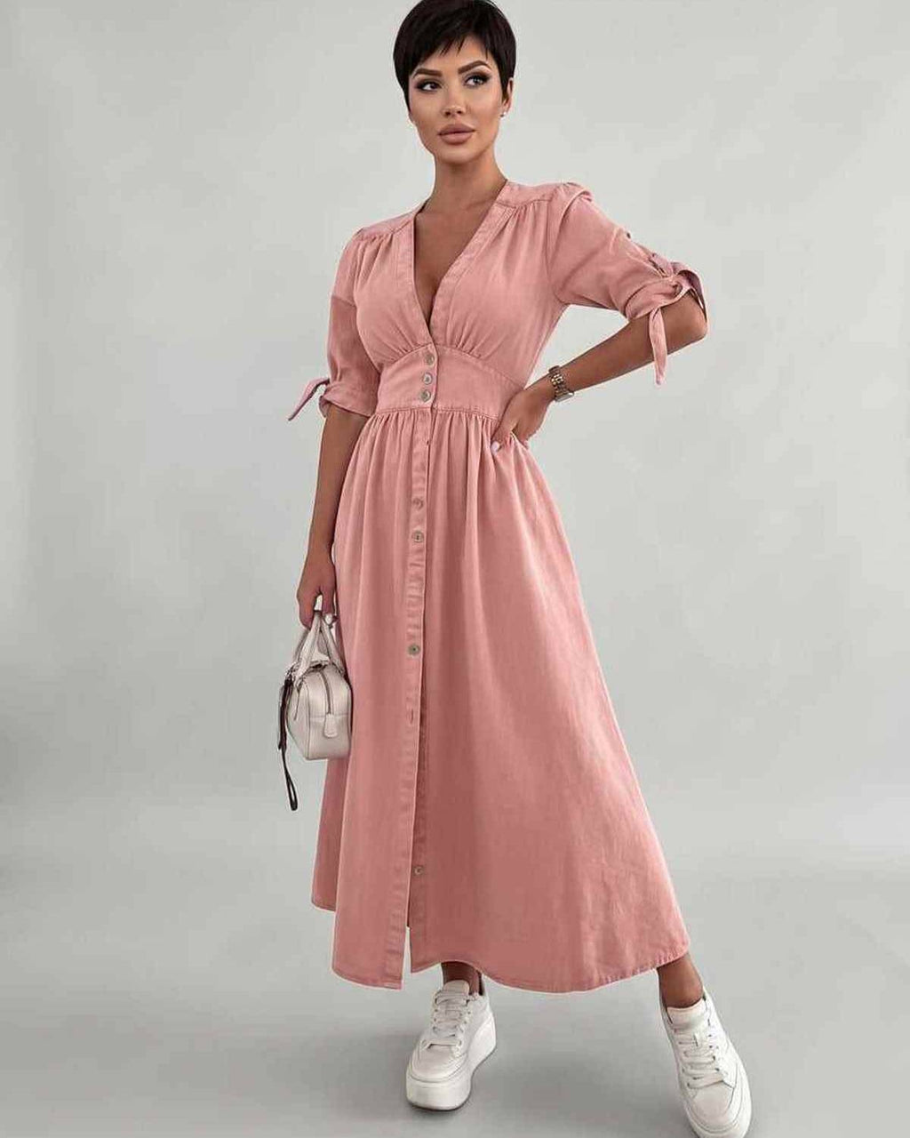 Eloria Midi Dress by Lauven — lightweight mid sleeve V-neck button front fit and flare midi dress