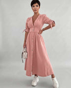 Eloria Midi Dress by Lauven — lightweight mid sleeve V-neck button front fit and flare midi dress