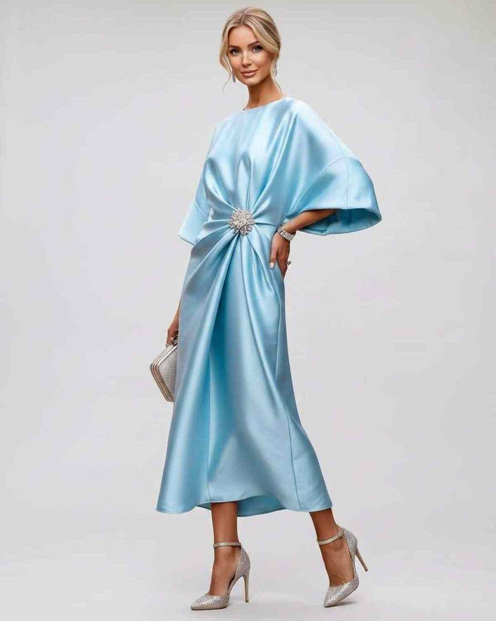 Seralyn Midi Dress by Lauven — satin kimono sleeve boat neck draped midi dress