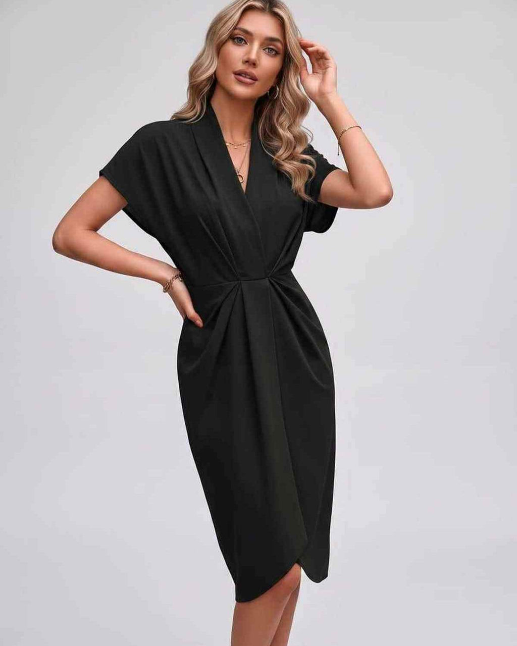 Veloura Midi Dress by Lauven — satin cap sleeve V-neck draped midi dress