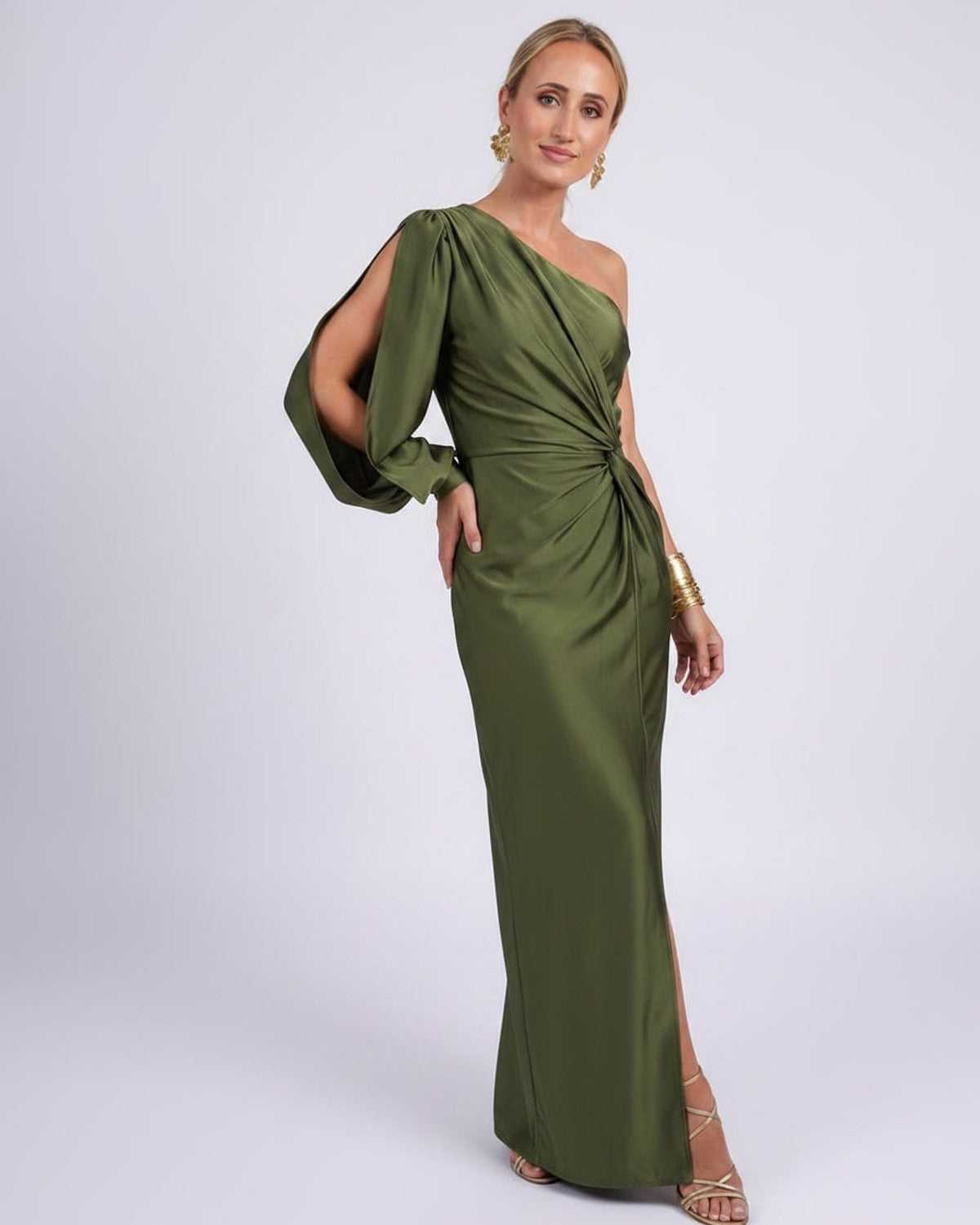 Veloura Maxi Dress by Lauven — satin one-shoulder long sleeve draped maxi dress