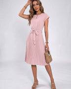 Lunessa Midi Dress by Lauven — pleated chiffon cap sleeve round neck midi dress