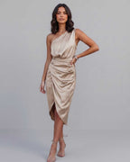 Veloura Midi Dress by Lauven — satin one shoulder draped midi dress with slit