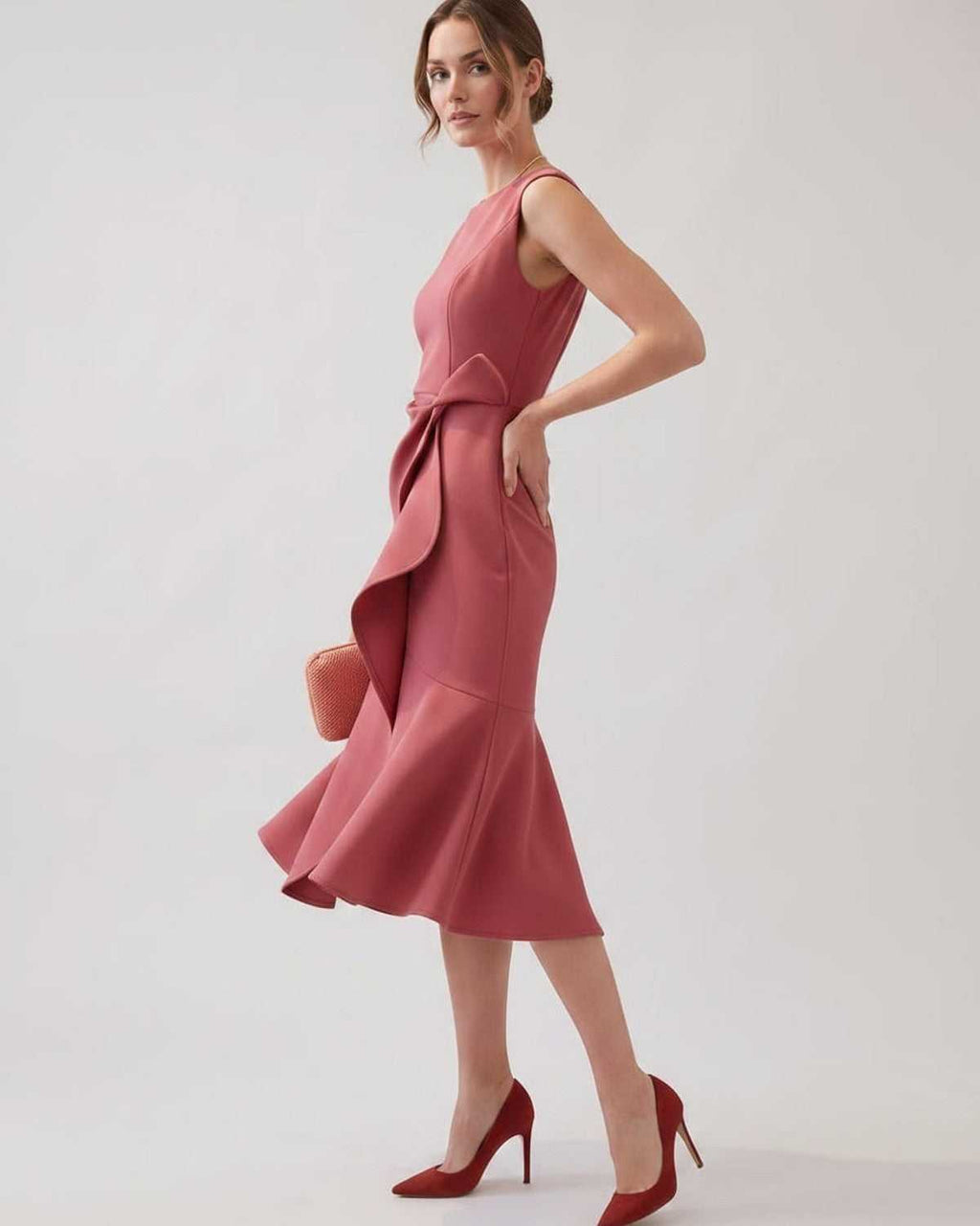 Serelune Midi Dress by Lauven — sleeveless satin midi dress with ruffle detail and fit flare silhouette