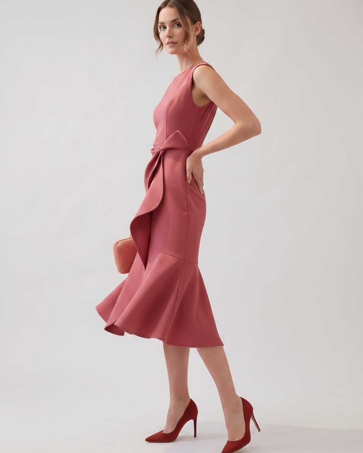 Serelune Midi Dress by Lauven — sleeveless satin midi dress with ruffle detail and fit flare silhouette