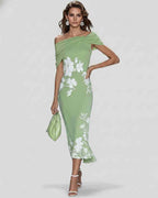 Veloura Midi Dress by Lauven — floral off shoulder satin midi dress with draped sleeves