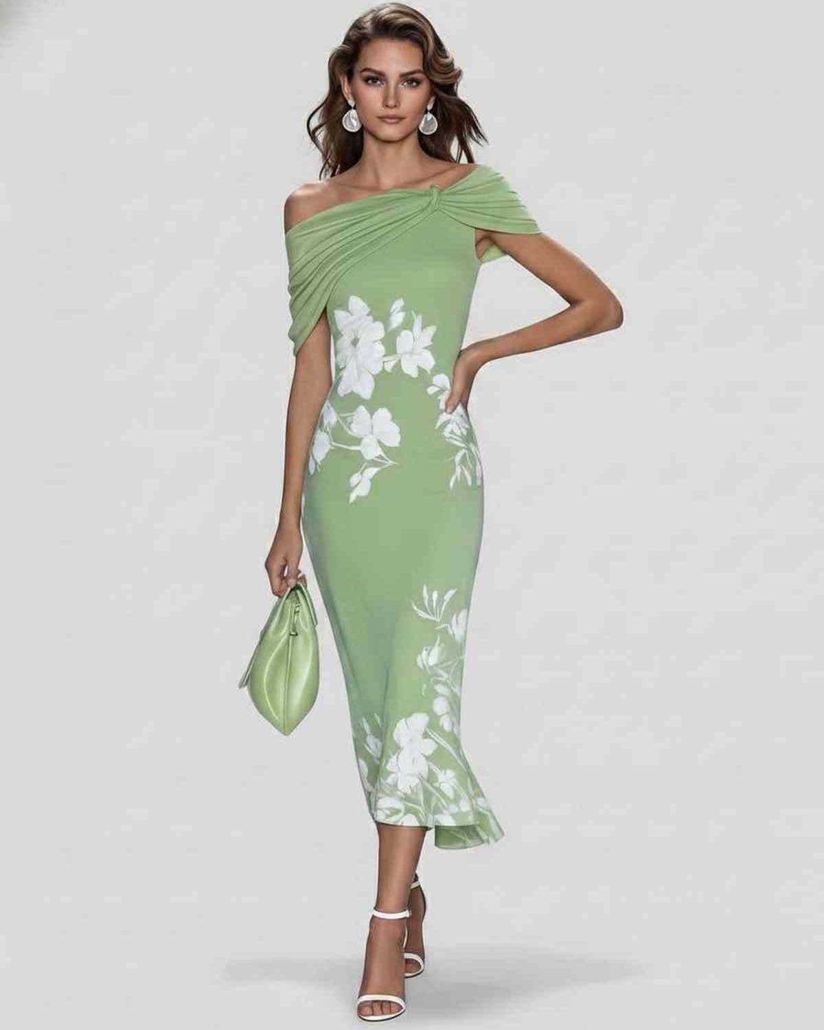 Veloura Midi Dress by Lauven — floral off shoulder satin midi dress with draped sleeves