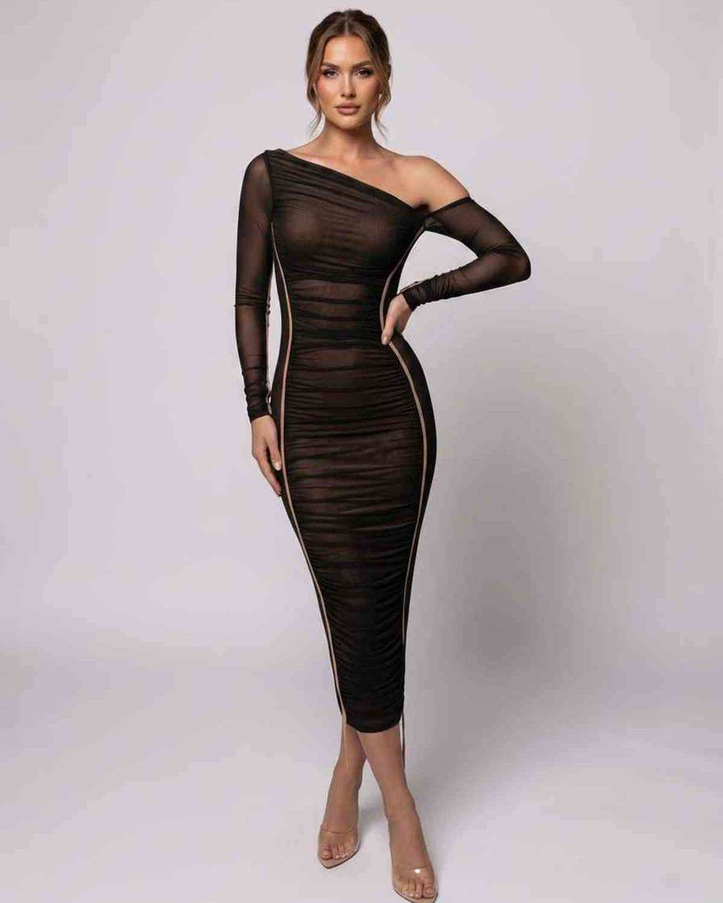 Veloura Midi Dress by Lauven — one shoulder long sleeve ruched bodycon midi dress