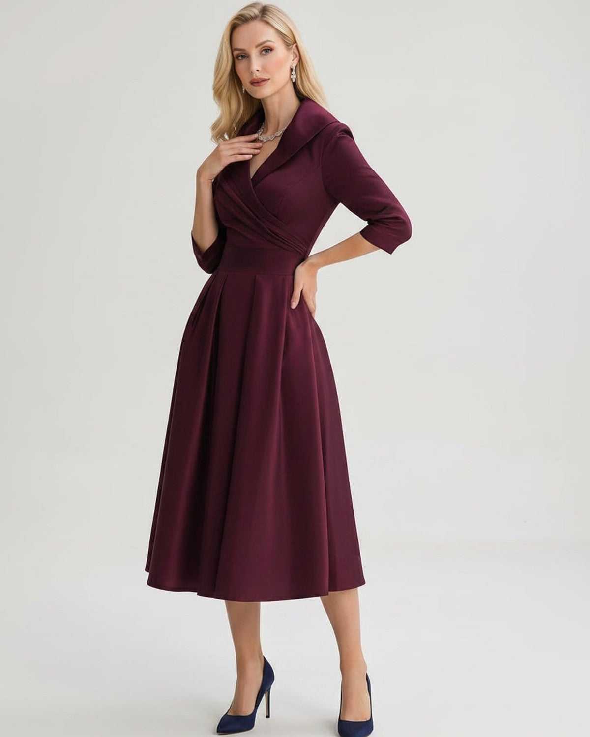 Serelune Midi Dress by Lauven — satin blend 3/4 sleeve V-neck A-line midi dress