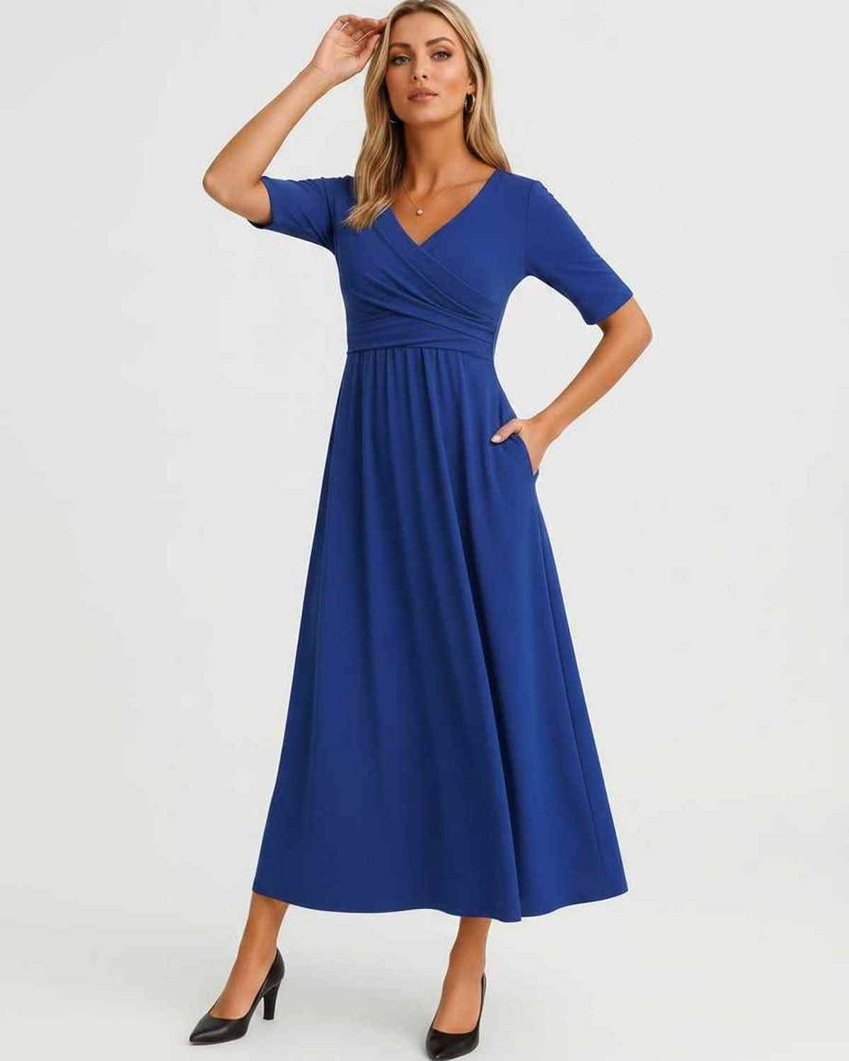 Velmira Midi Dress by Lauven — soft stretch short sleeve V-neck A-line midi dress