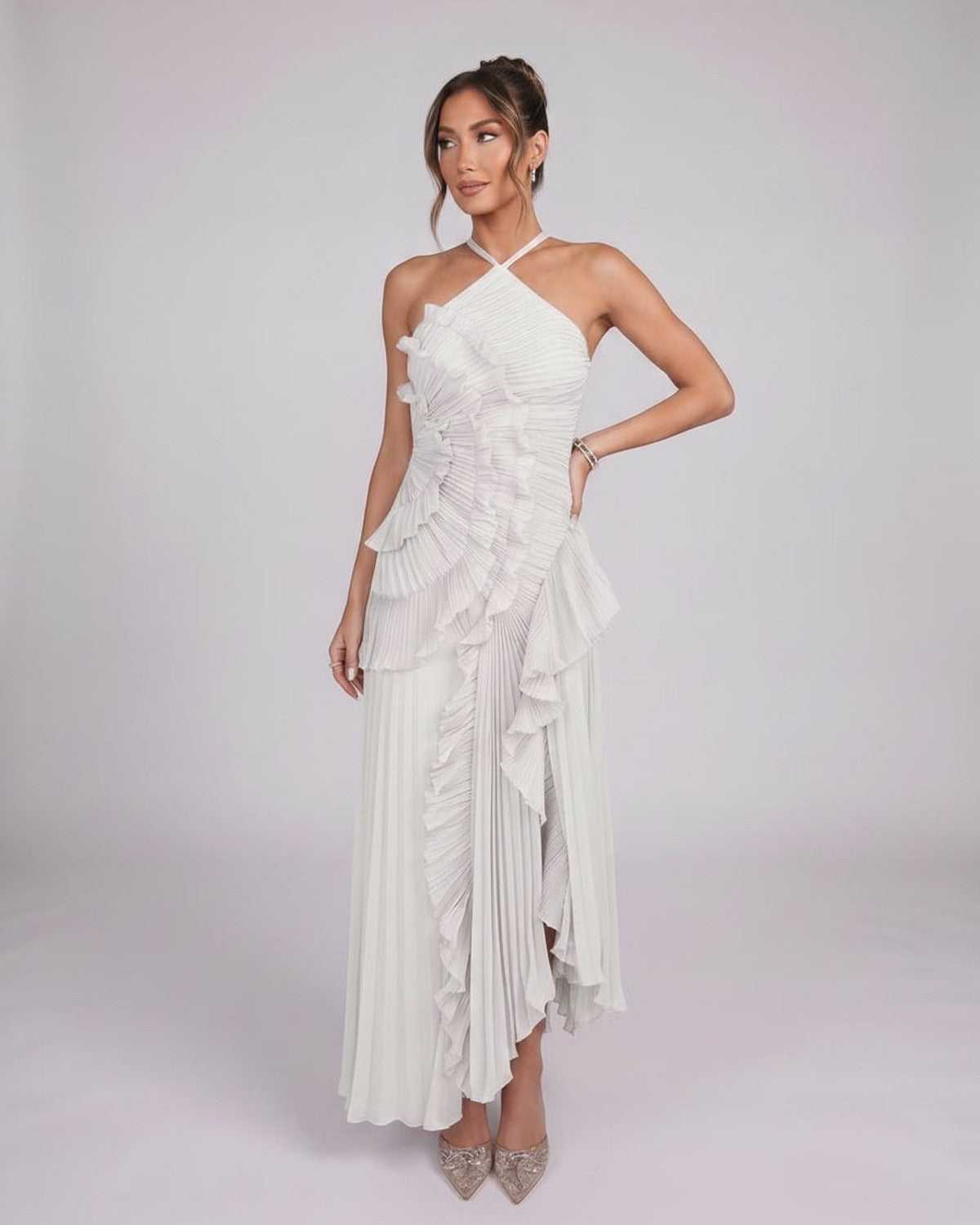 Valerise Maxi Dress by Lauven — chiffon sleeveless halter asymmetrical maxi dress