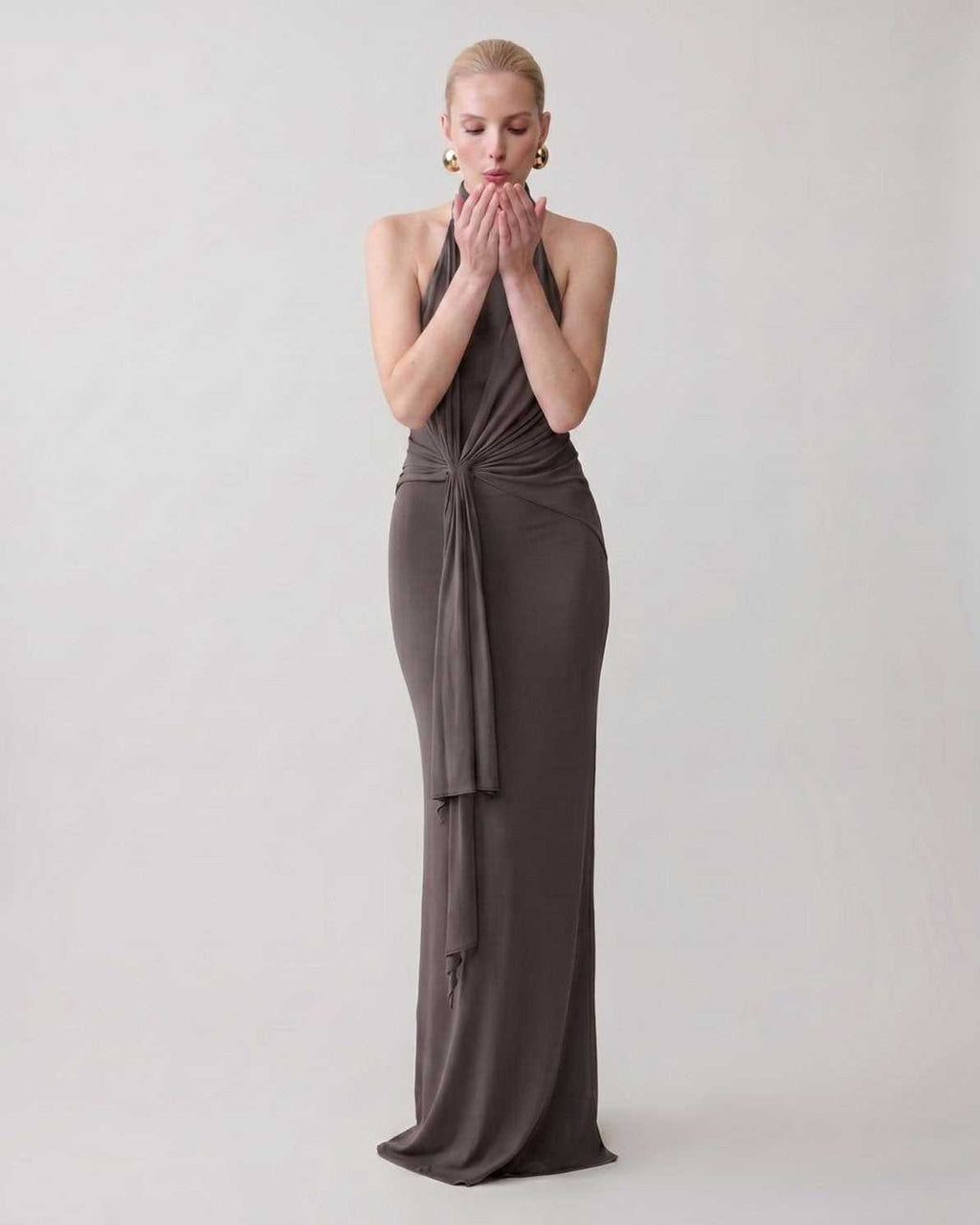 Serelle Maxi Dress by Lauven — polyester sleeveless halter neck fitted column maxi dress