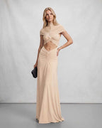 Veloura Maxi Dress by Lauven — polyester short sleeve stand collar flared hem maxi dress