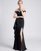 Veloura Maxi Dress by Lauven — polyester spandex off-the-shoulder mermaid maxi dress with slit