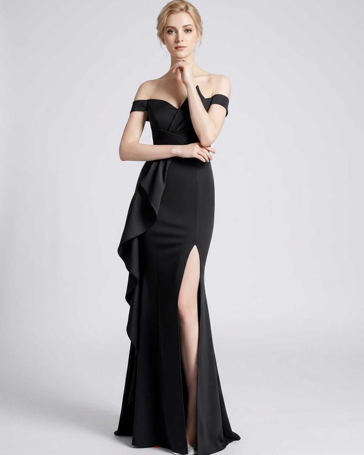 Veloura Maxi Dress by Lauven — polyester spandex off-the-shoulder mermaid maxi dress with slit