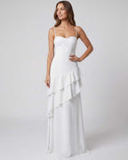 Rosette Maxi Dress by Lauven — polyester V-neck sleeveless bodycon maxi dress with layered ruffles