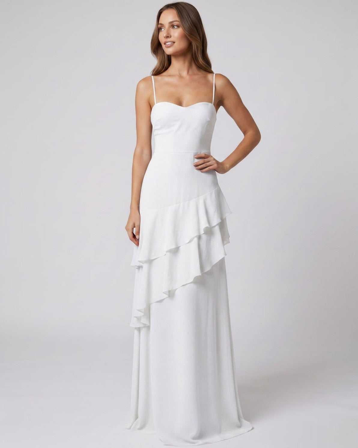 Rosette Maxi Dress by Lauven — polyester V-neck sleeveless bodycon maxi dress with layered ruffles
