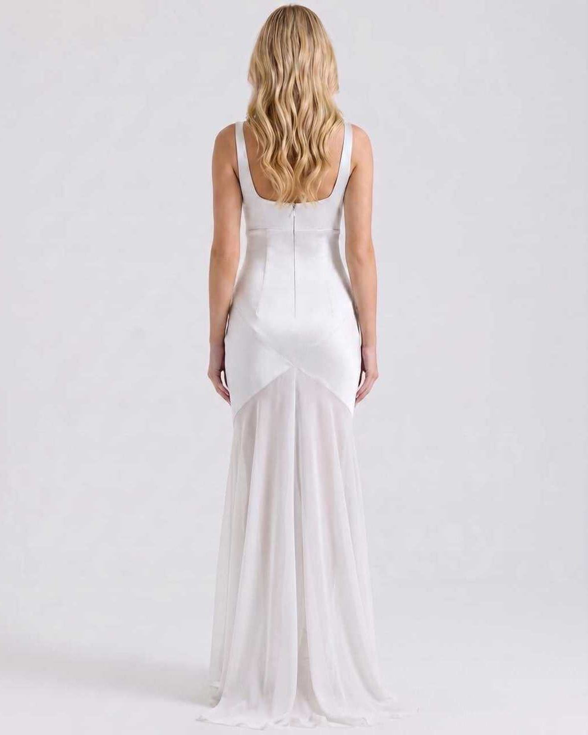 Lunelle Maxi Dress by Lauven — polyester square neck sleeveless slip maxi dress with satin chiffon detail